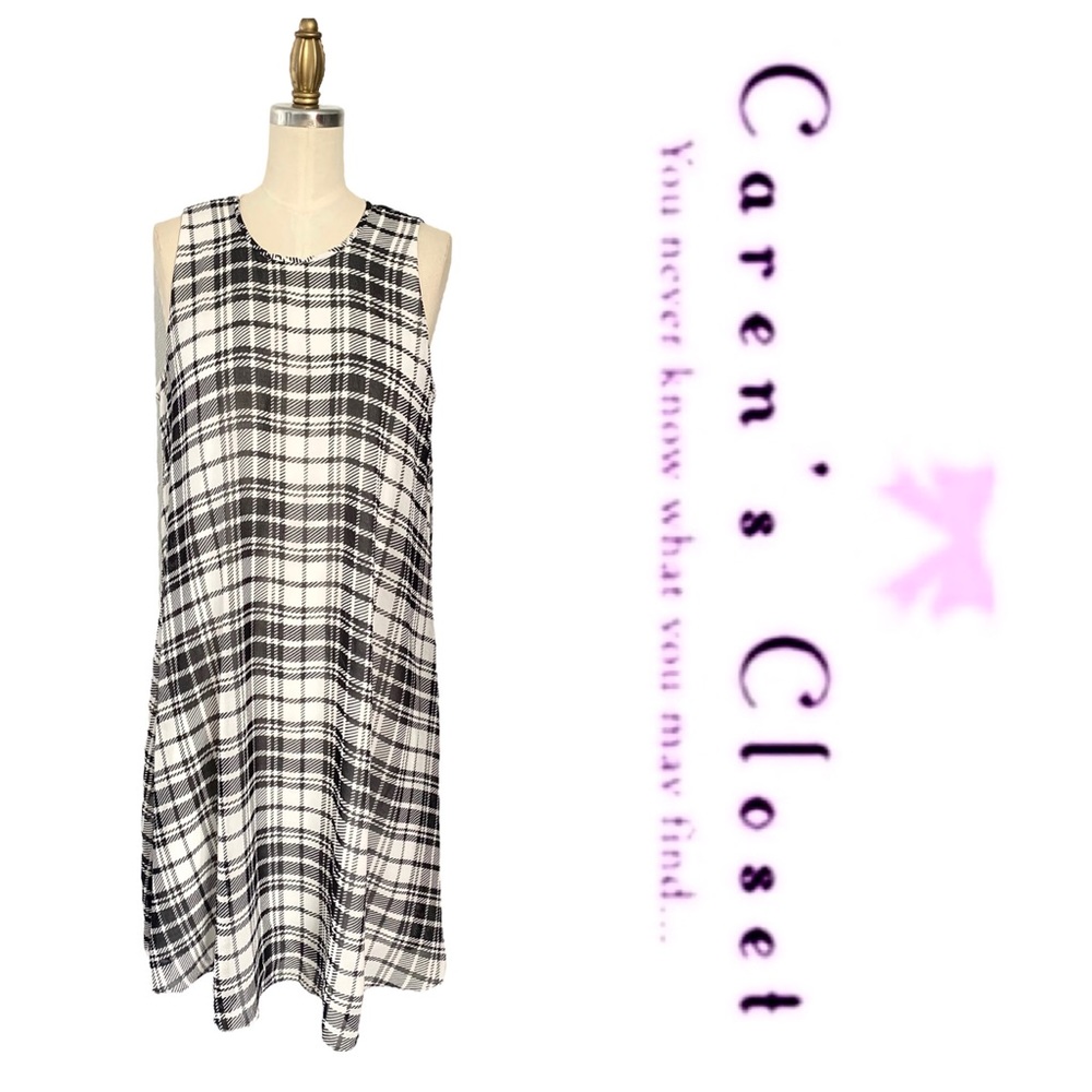 Calvin Klein Black & White Plaid Chiffon Trapeze Sleeveless Dress - Picture 5 of 11
